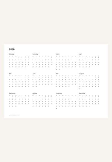 Yearly Calendar to Print – Free One-Page PDF