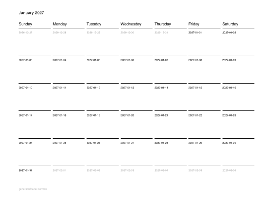 Printable 2027 Monthly Calendar — printable PDF preview