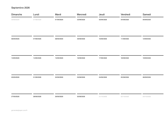 Calendrier Mensuel – A4, Début le Dimanche — aperçu du PDF à imprimer