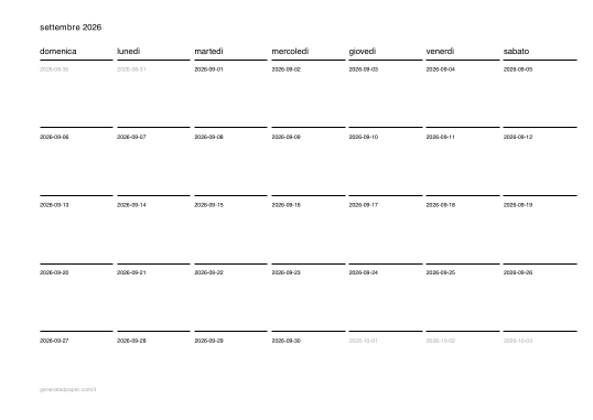 Calendario mensile – A4, inizio di domenica — anteprima del PDF da stampare