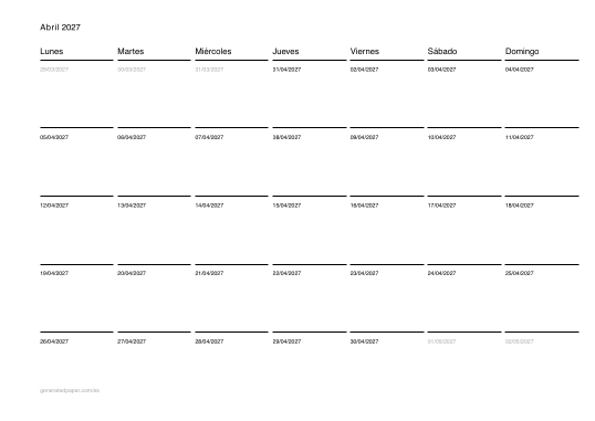 Calendario de abril para imprimir — vista previa del PDF para imprimir