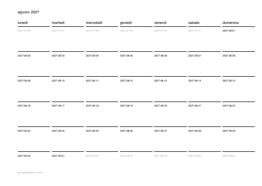 Calendario agosto da stampare — anteprima del PDF da stampare