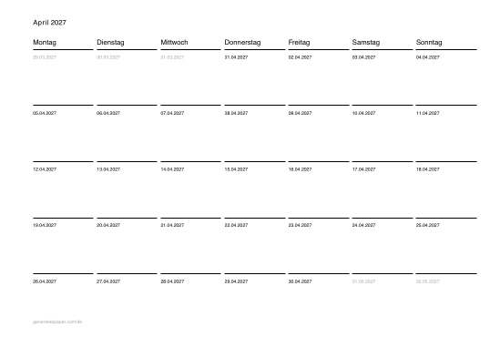 Kalender April zum Ausdrucken — Vorschau der PDF-Vorlage zum Ausdrucken