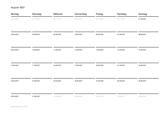 Kalender August zum Ausdrucken — Vorschau der PDF-Vorlage zum Ausdrucken