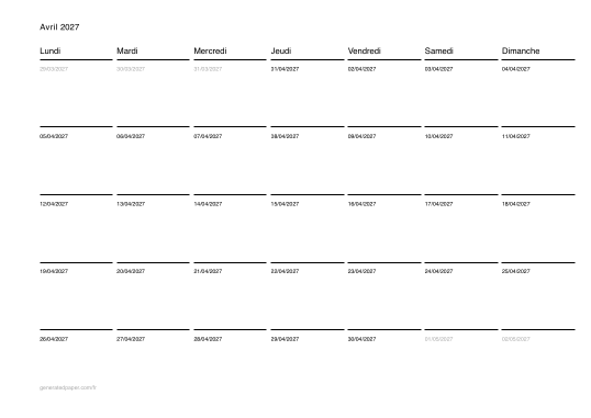 Calendrier avril à imprimer — aperçu du PDF à imprimer