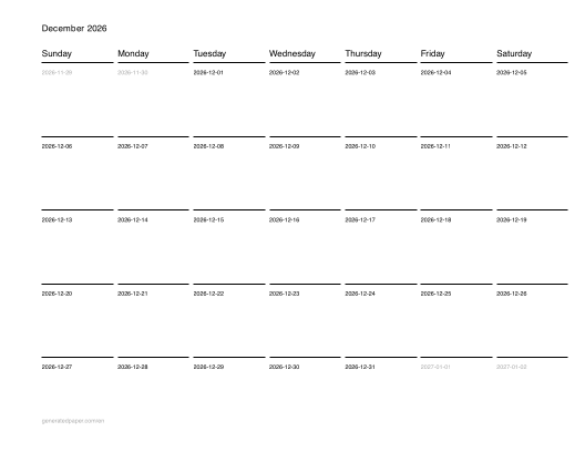 Printable December Calendar — printable PDF preview