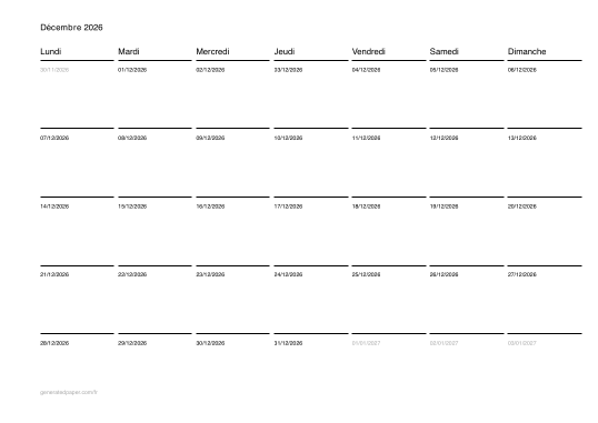 Calendrier décembre à imprimer — aperçu du PDF à imprimer