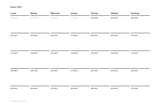 Calendario de enero para imprimir — vista previa del PDF para imprimir