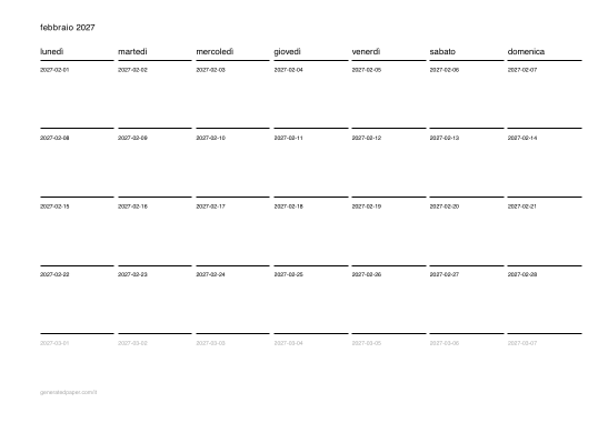 Calendario febbraio da stampare — anteprima del PDF da stampare