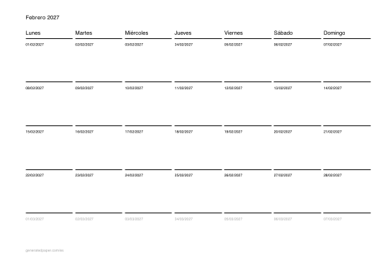 Calendario de febrero para imprimir — vista previa del PDF para imprimir