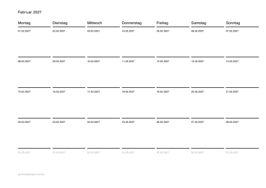 Kalender Februar zum Ausdrucken — Vorschau der PDF-Vorlage zum Ausdrucken