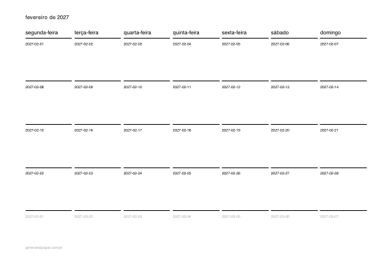Calendário de fevereiro para imprimir — pré-visualização do PDF para imprimir