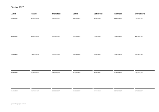 Calendrier février à imprimer — aperçu du PDF à imprimer