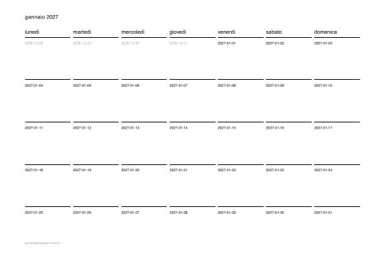 Calendario gennaio da stampare — anteprima del PDF da stampare