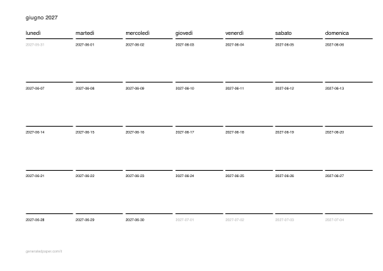Calendario giugno da stampare — anteprima del PDF da stampare