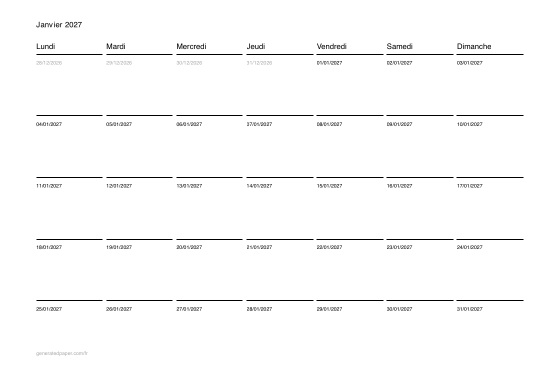 Calendrier janvier à imprimer — aperçu du PDF à imprimer