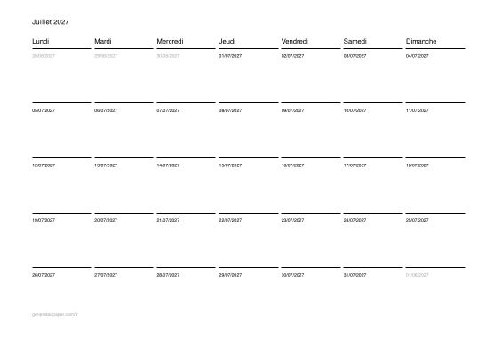 Calendrier juillet à imprimer — aperçu du PDF à imprimer
