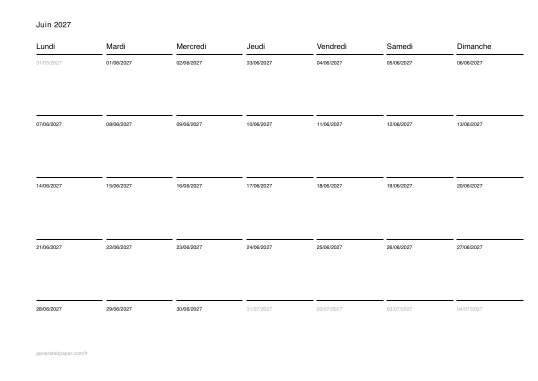 Calendrier juin à imprimer — aperçu du PDF à imprimer