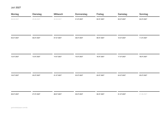 Kalender Juli zum Ausdrucken — Vorschau der PDF-Vorlage zum Ausdrucken