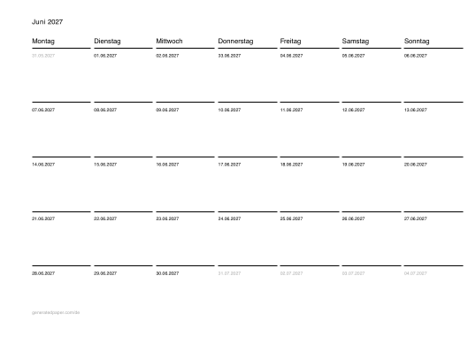 Kalender Juni zum Ausdrucken — Vorschau der PDF-Vorlage zum Ausdrucken