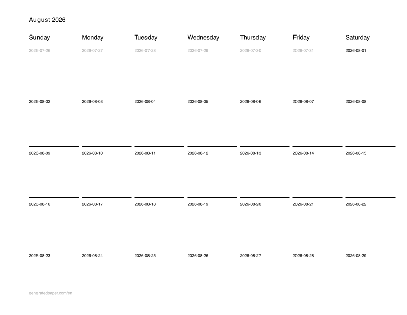 Calendrier Mensuel – Letter, Début le Dimanche