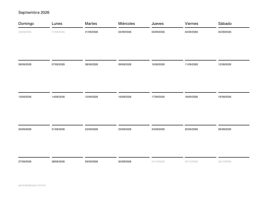 Calendario Mensual – Carta, Inicio el Domingo — vista previa del PDF para imprimir