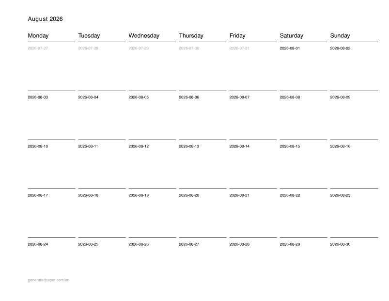 Calendrier Mensuel à Imprimer – Letter