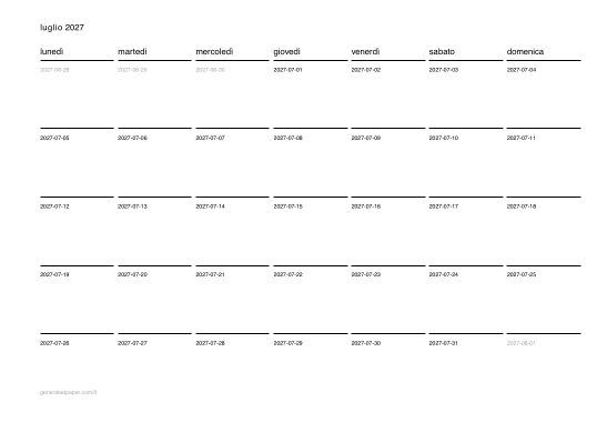 Calendario luglio da stampare — anteprima del PDF da stampare