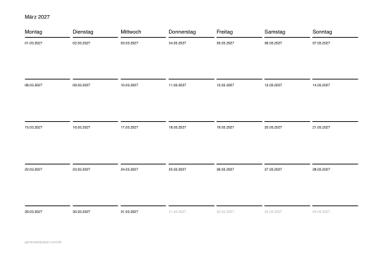 Kalender März zum Ausdrucken — Vorschau der PDF-Vorlage zum Ausdrucken