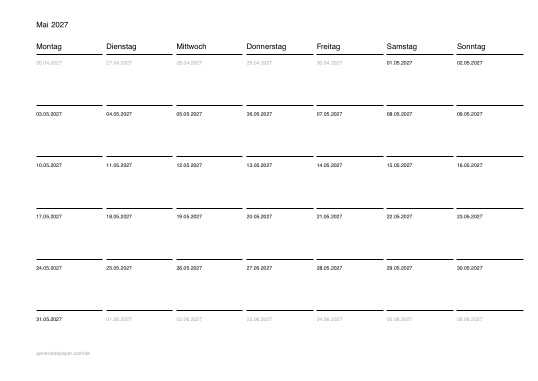 Kalender Mai zum Ausdrucken — Vorschau der PDF-Vorlage zum Ausdrucken