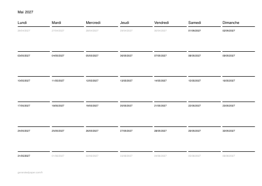 Calendrier mai à imprimer — aperçu du PDF à imprimer
