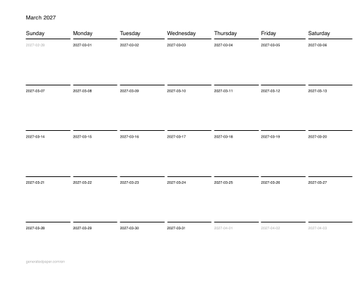 Printable March Calendar — printable PDF preview