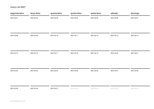 Calendário de março para imprimir — pré-visualização do PDF para imprimir