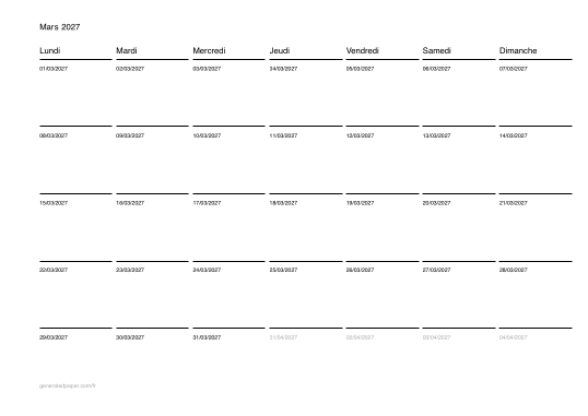 Calendrier mars à imprimer — aperçu du PDF à imprimer