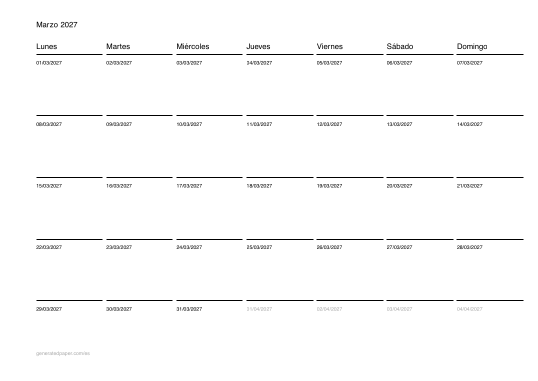 Calendario de marzo para imprimir — vista previa del PDF para imprimir