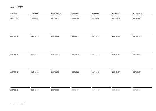 Calendario marzo da stampare — anteprima del PDF da stampare