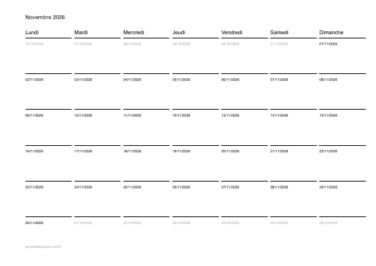 Calendrier novembre à imprimer — aperçu du PDF à imprimer