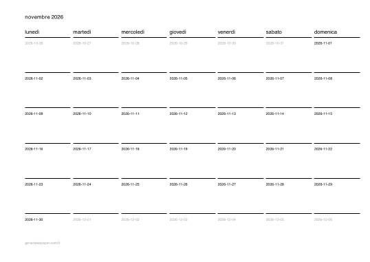 Calendario novembre da stampare — anteprima del PDF da stampare