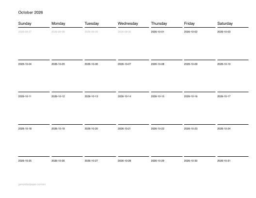 Printable October Calendar — printable PDF preview