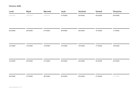 Calendrier octobre à imprimer — aperçu du PDF à imprimer