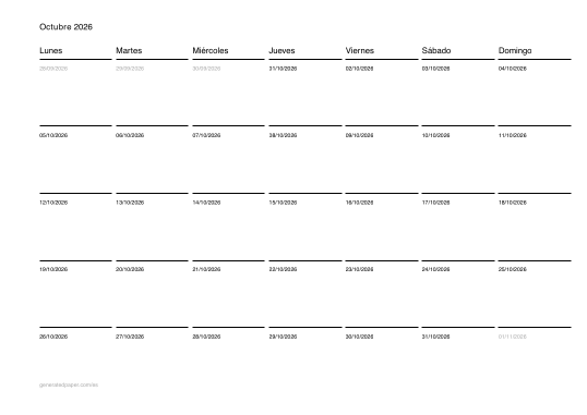 Calendario de octubre para imprimir — vista previa del PDF para imprimir