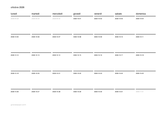 Calendario ottobre da stampare — anteprima del PDF da stampare