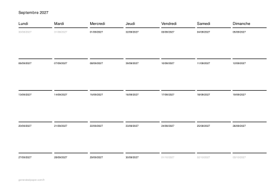 Calendrier septembre à imprimer — aperçu du PDF à imprimer