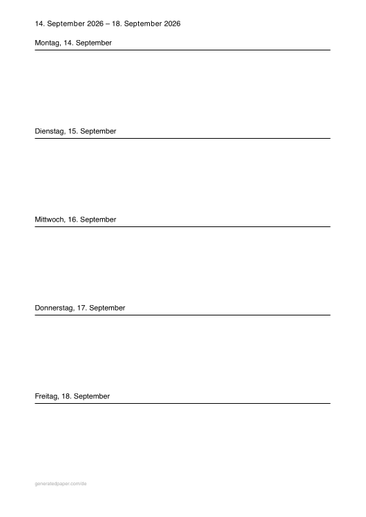 Kostenloser 5-Tage-Wochenplaner – A4 — Vorschau der PDF-Vorlage zum Ausdrucken
