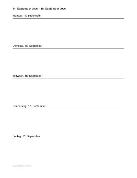 Kostenloser 5-Tage-Wochenplaner – Letter — Vorschau der PDF-Vorlage zum Ausdrucken
