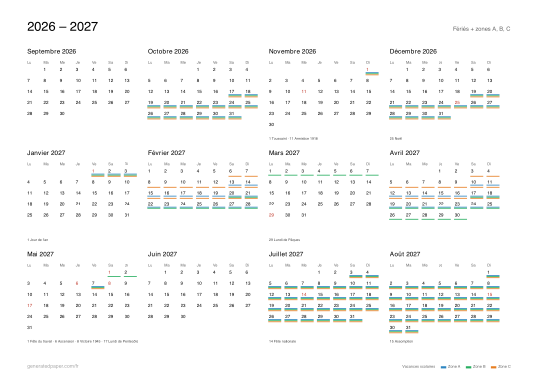 Calendrier scolaire 2026-2027 à imprimer — aperçu du PDF à imprimer