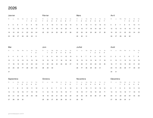 Calendrier 2026 à imprimer — aperçu du PDF à imprimer