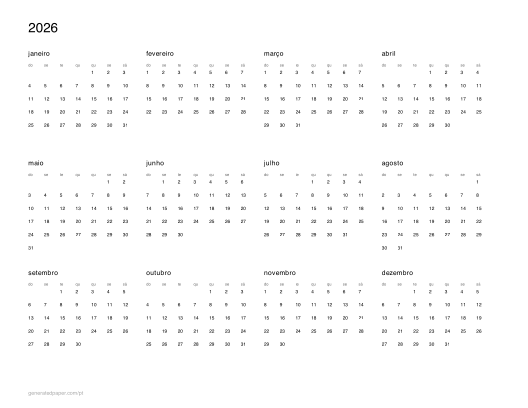 Calendário 2026 para imprimir — pré-visualização do PDF para imprimir