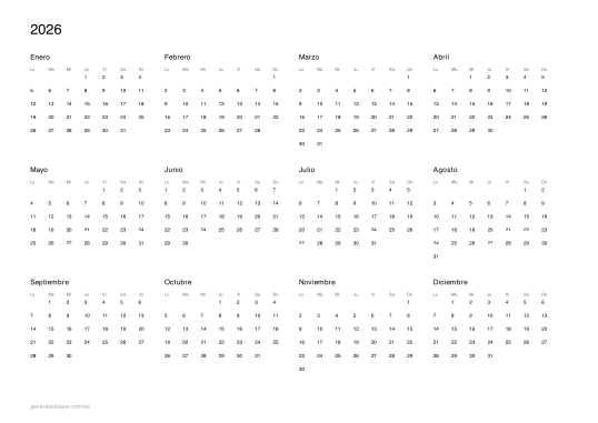 Calendario 2026 para imprimir — vista previa del PDF para imprimir