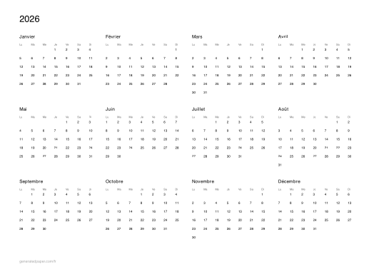 Calendrier 2026 à imprimer — aperçu du PDF à imprimer